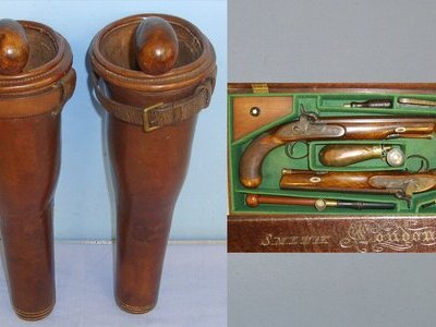 MINT**Pair Of C1830 British Mounted Infantry / Cavalry / Dragoon Officer's Open Top Leather Saddle Bucket Holsters  For Percussion Pistols. L 278 Care & Storage