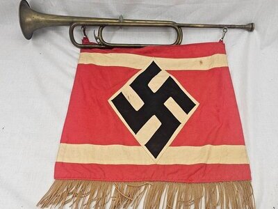 German WW2 Bugle With Hitler Youth Banner Antique & Militaria