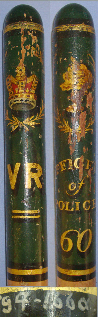 LARGE**UNUSUAL 3 PANEL FORM**Victorian Queen’s Crown Hand Painted Decoration Wood Tip Staff / Police Truncheon ‘Officer Of Police 60’. Sn 21108  Antique & Militaria