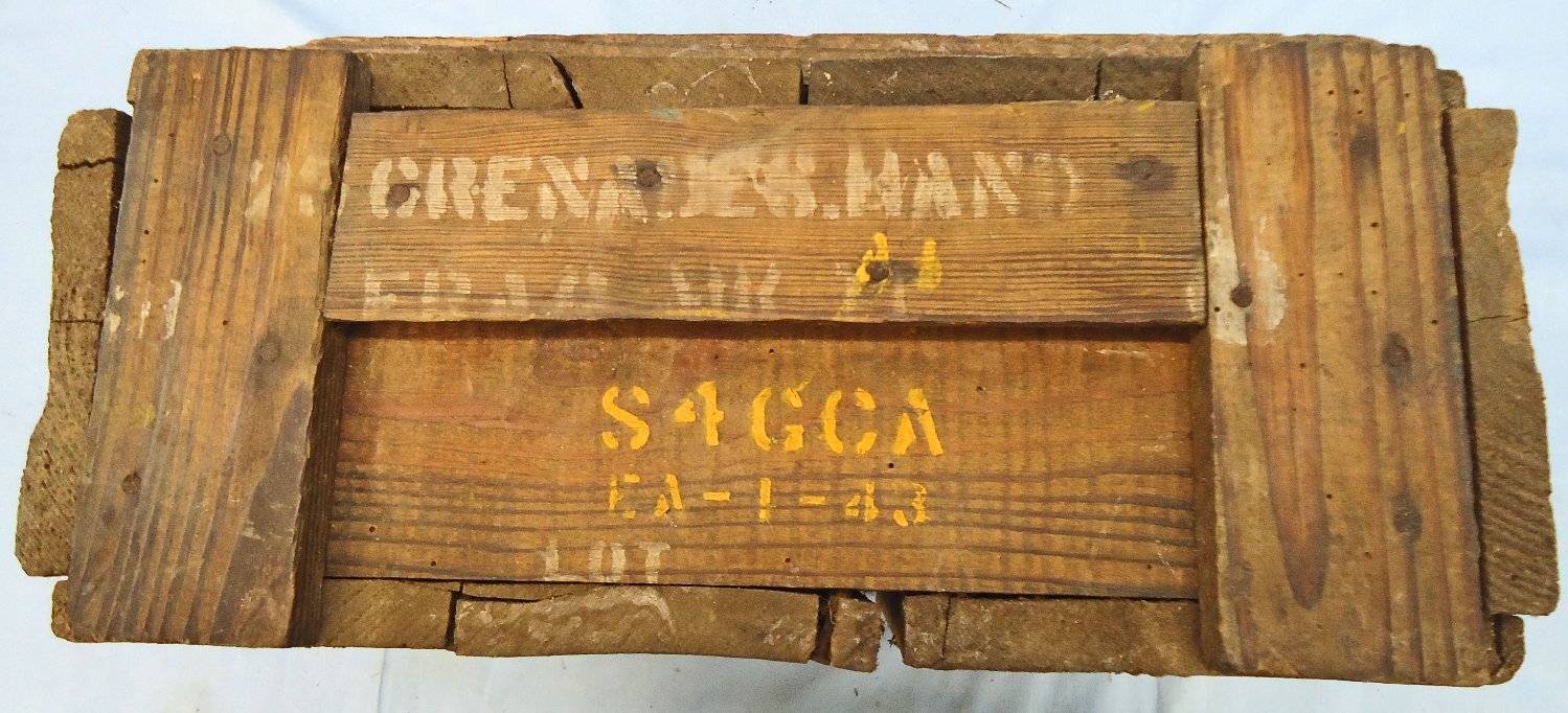 {CATEGORY} - British, WW2, 1943 Dated Mills 36M Hand Grenade Wooden Transit Box for Twenty Five 36M Grenades. - O 2112 British, WW2, 1943 Dated Mills 36M Hand Grenade Wooden Transit Box for Twenty Five 36M Grenades. - O 2112  Other Ammunition in 