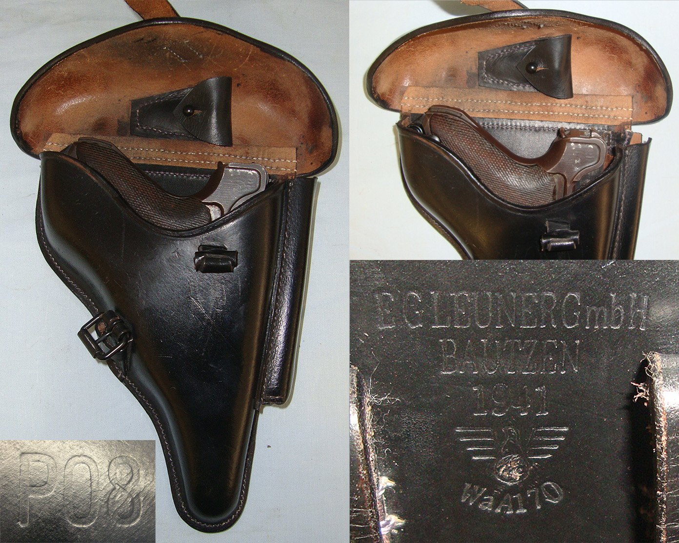 MINT**BEST QUALITY MODERN REPRODUCTION**WW2 1941 Nazi German E.G Leunerg Bautzen Army Officer’s Leather Hard Case Holster For Luger PO8 9mm Parabellum Pistols. Sn 23652 holster Care & Storage