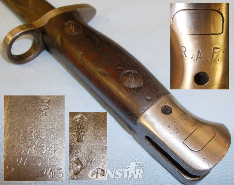 Scarce* WWII British Lanchester S.M.G. Bayonet and Scabbard with R.A.F. Pattern Frog. BAYO 579. Bayonet