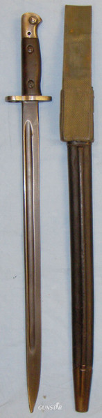 Scarce* WWII British Lanchester S.M.G. Bayonet and Scabbard with R.A.F. Pattern Frog. BAYO 579. Bayonet