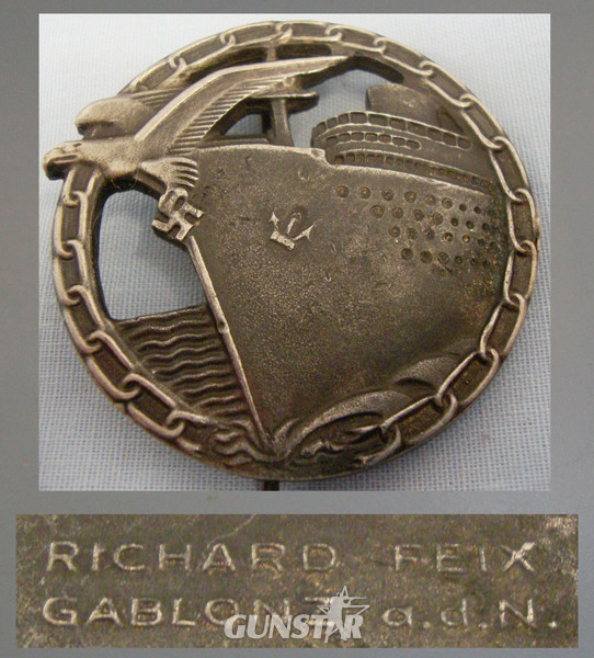 Original/Scarce* Kriegsmarine ‘Blockade Runners Badge with Makers Mark ‘Richard Feix Gablonz a.d.N’. N 115. Original/Scarce* Kriegsmarine ‘Blockade Runners Badge with Makers Mark ‘Richard Feix Gablonz a.d.N’. N 115. Antique & Militaria
