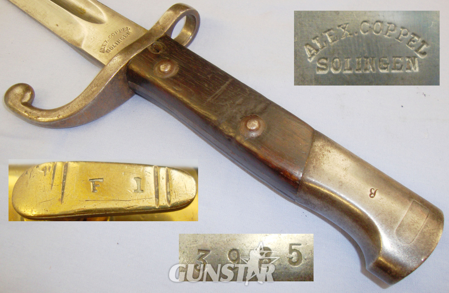 Brazilian M1908 Hooked Quillon Bayonet and Leather Scabbard by Manufacturer Alex Coppel  Solingen. 20821:5. Bayonet