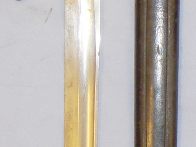 Brazilian M1908 Hooked Quillon Bayonet and Leather Scabbard by Manufacturer Alex Coppel  Solingen. 20821:5. Bayonet