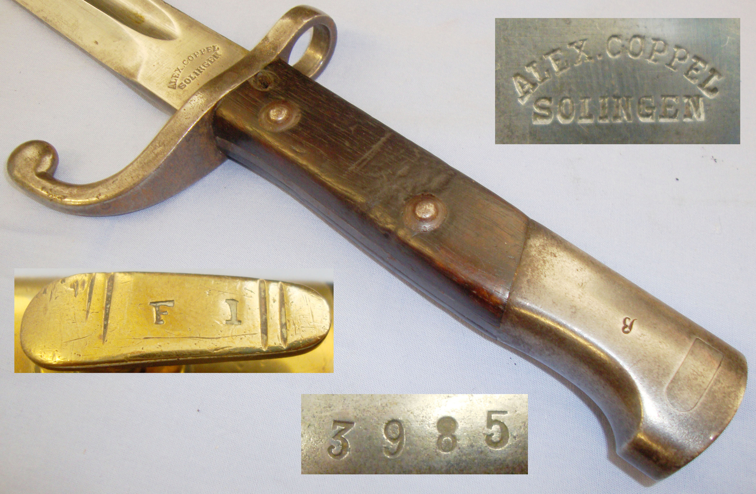 Brazilian M1908 Hooked Quillon Bayonet and Leather Scabbard by Manufacturer Alex Coppel  Solingen. 20821:5. Bayonet