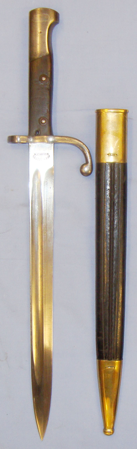  Brazilian M1908 Hooked Quillon Bayonet and Leather Scabbard by Manufacturer Alex Coppel  Solingen. 20821:5. Bayonet