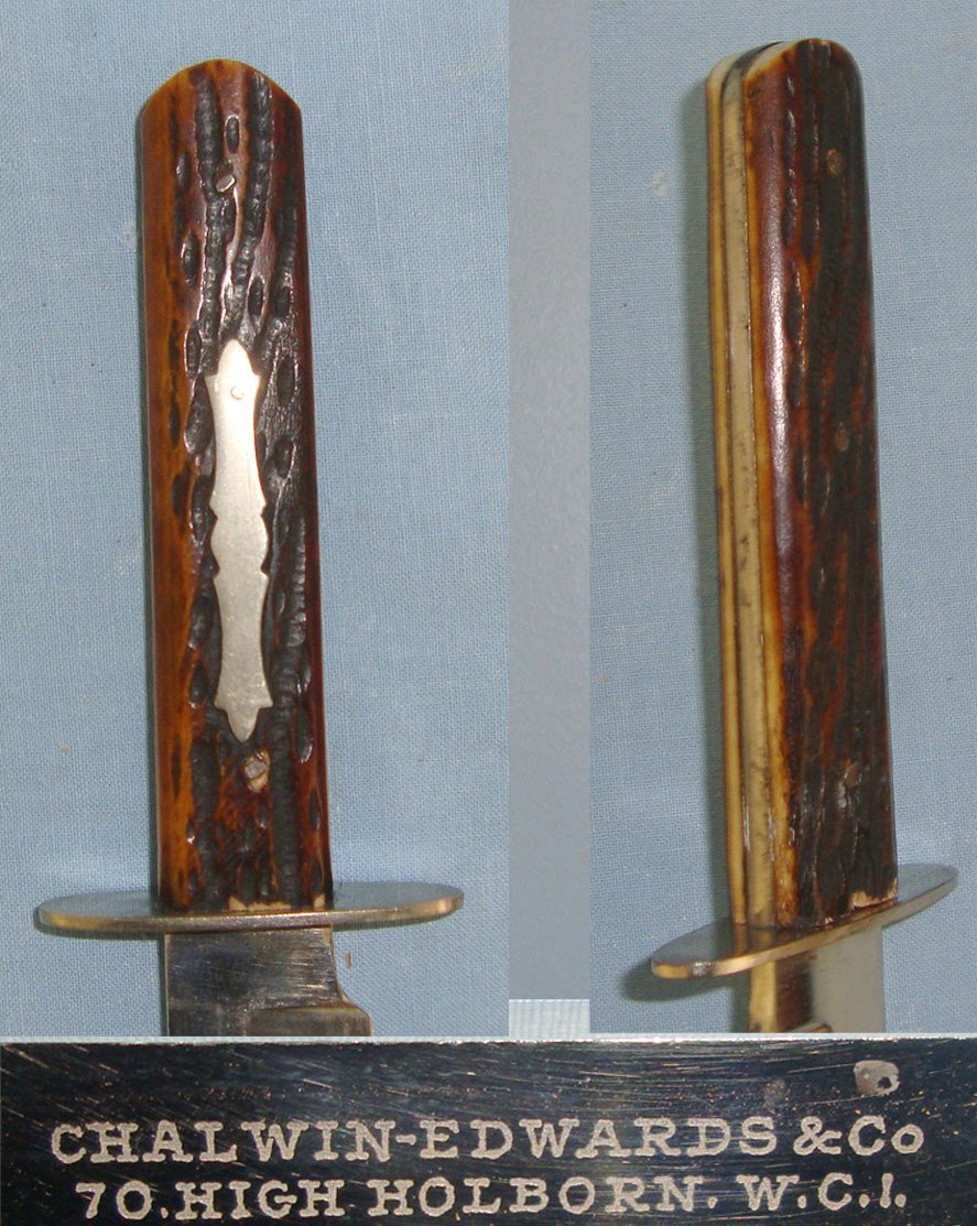 1920-1925 Chalwin & Edwards & Co 70 High Holborn London Bowie Knife With Stag Antler Scales & Original Leather Scabbard. Sn 22628 Knive