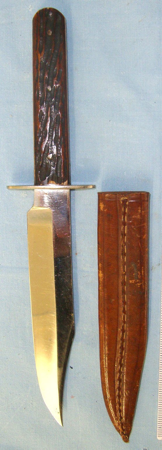  1920-1925 Chalwin & Edwards & Co 70 High Holborn London Bowie Knife With Stag Antler Scales & Original Leather Scabbard. Sn 22628 Knive