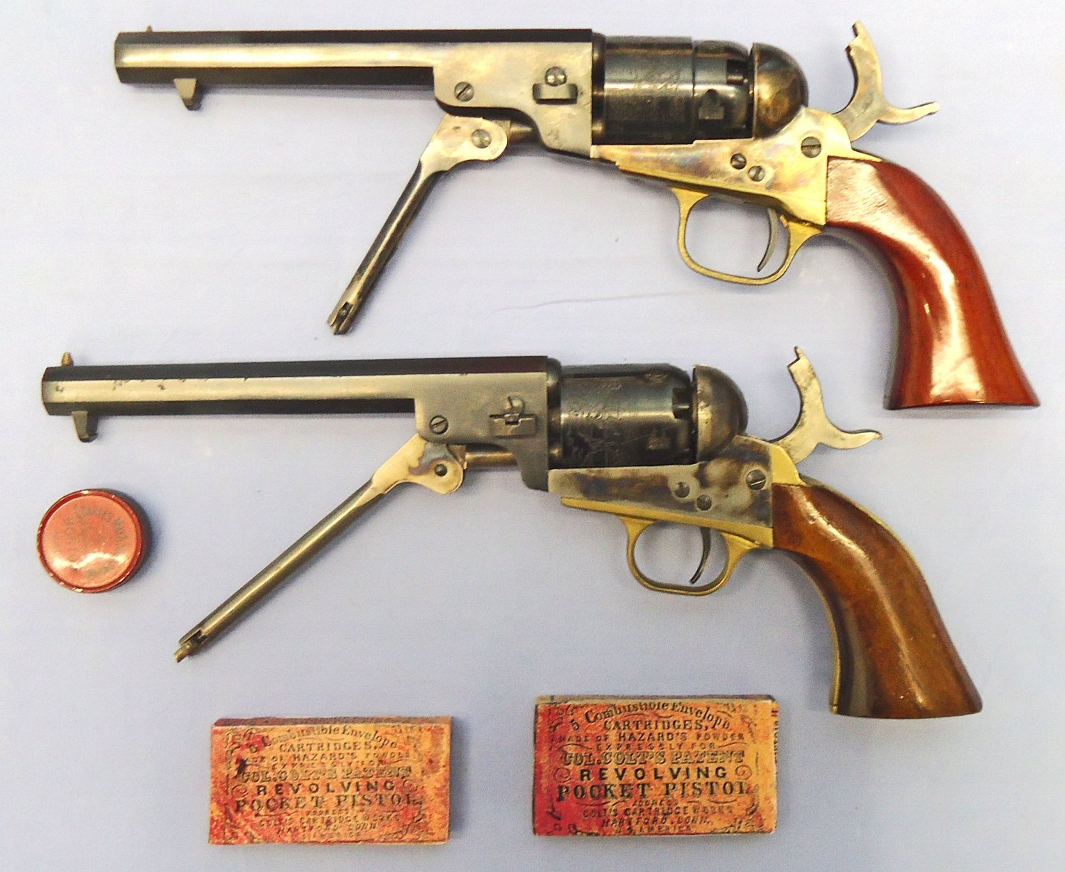  Colt Cased Pair, MINT, Colt .36 Colt Pocket 5 Shot Deactivated (UK Spec) Pistol & Non Firing .31 Colt 1849 5 Shot Pocket Pistols. Sn - 22643:16 .31 Revolver