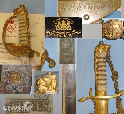 NAMED**WW2 British Royal Navy Officer’s 1827 Pattern George VI Sword With Etched Blade, Dirk By Gieves With Cord & Portepee, Scabbard With Belts By Gieves & Hanging Straps. The Sword & Dirk Marked To RN Commander R.O.E. Caton With Dossier Of Documents   Sword in 