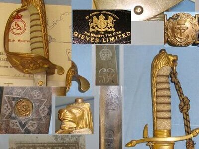 NAMED**WW2 British Royal Navy Officer’s 1827 Pattern George VI Sword With Etched Blade, Dirk By Gieves With Cord & Portepee, Scabbard With Belts By Gieves & Hanging Straps. The Sword & Dirk Marked To RN Commander R.O.E. Caton With Dossier Of Documents   Sword
