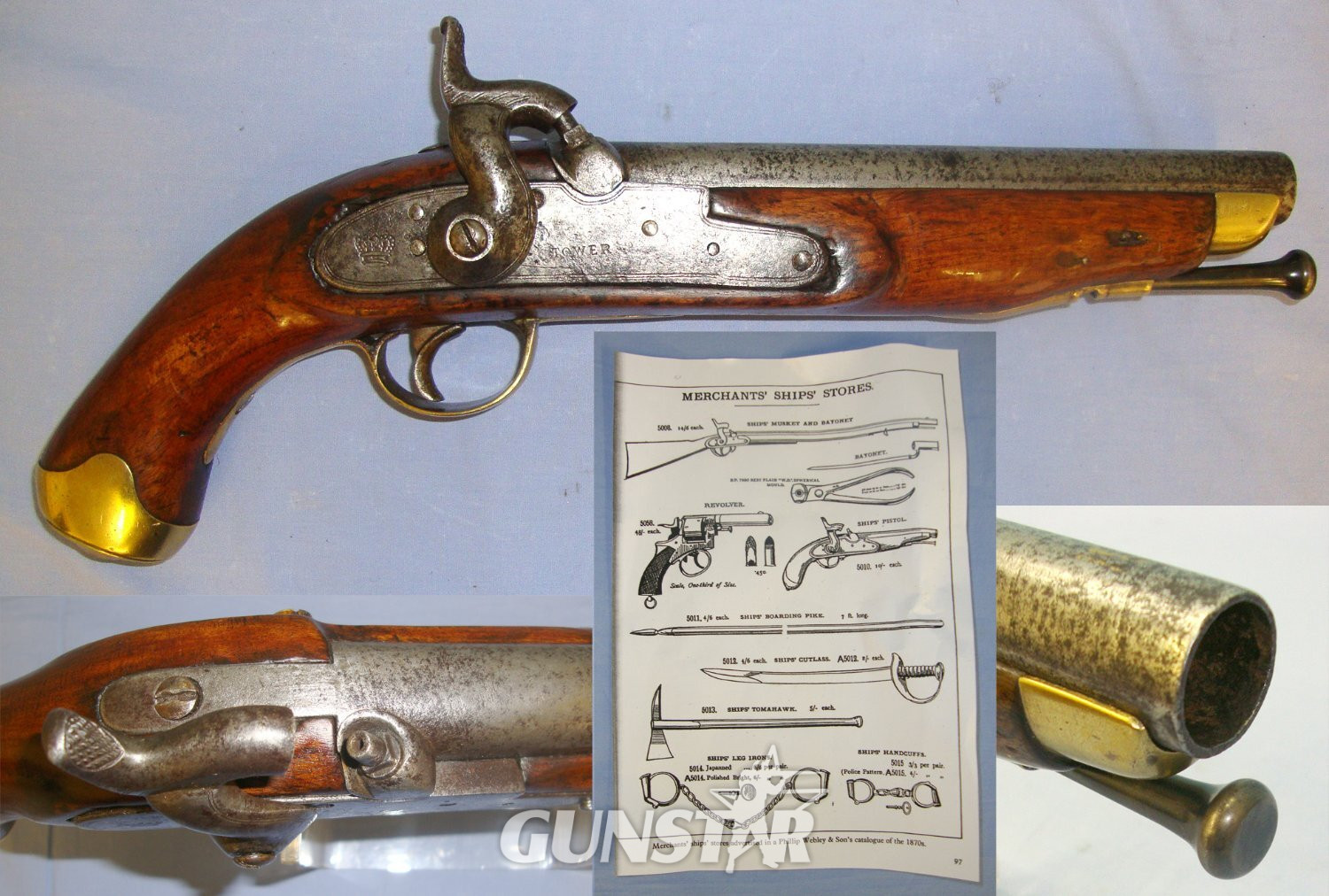 Victorian Era British Enfield Tower Merchant Ship’s 10 Bore Muzzle Loading Percussion Pistol with Brass Cudgel Butt, Iron Ram Rod & Copy of Page from Phillip Webley & Son’s 1870’s Merchant Ships Store Catalogue Advertising This Type of Pistol. Sn 21 Victorian Era British Enfield Tower Merchant Ship’s 10 Bore Muzzle Loading Percussion Pistol with Brass Cudgel Butt, Iron Ram Rod & Copy of Page from Phillip Webley & Son’s 1870’s Merchant Ships Store Catalogue Advertising This Type of Pistol. Sn 21 None Muzzleloader in 