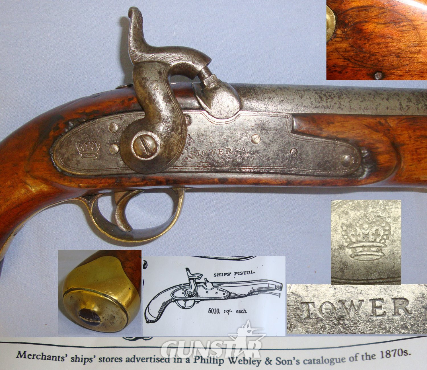 Victorian Era British Enfield Tower Merchant Ship’s 10 Bore Muzzle Loading Percussion Pistol with Brass Cudgel Butt, Iron Ram Rod & Copy of Page from Phillip Webley & Son’s 1870’s Merchant Ships Store Catalogue Advertising This Type of Pistol. Sn 21 Victorian Era British Enfield Tower Merchant Ship’s 10 Bore Muzzle Loading Percussion Pistol with Brass Cudgel Butt, Iron Ram Rod & Copy of Page from Phillip Webley & Son’s 1870’s Merchant Ships Store Catalogue Advertising This Type of Pistol. Sn 21 None Muzzleloader