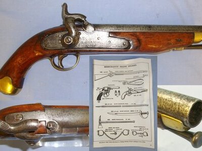 Victorian Era British Enfield Tower Merchant Ship’s 10 Bore Muzzle Loading Percussion Pistol with Brass Cudgel Butt, Iron Ram Rod & Copy of Page from Phillip Webley & Son’s 1870’s Merchant Ships Store Catalogue Advertising This Type of Pistol. Sn 21 Victorian Era British Enfield Tower Merchant Ship’s 10 Bore Muzzle Loading Percussion Pistol with Brass Cudgel Butt, Iron Ram Rod & Copy of Page from Phillip Webley & Son’s 1870’s Merchant Ships Store Catalogue Advertising This Type of Pistol. Sn 21 None Muzzleloader
