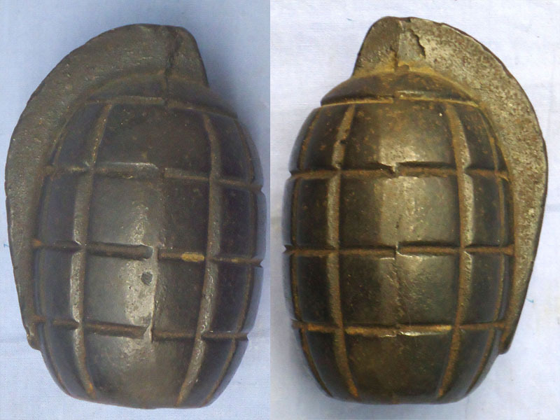 INERT. Rare, WW1, British, Cast Iron, Mills No 5 MK 1 Practice Hand Grenade Resembling The Mills No 5 MK 1, Hand Grenade with Lever. - O 1893 INERT. Rare, WW1, British, Cast Iron, Mills No 5 MK 1 Practice Hand Grenade Resembling The Mills No 5 MK 1, Hand Grenade with Lever. - O 1893  Other Ammunition