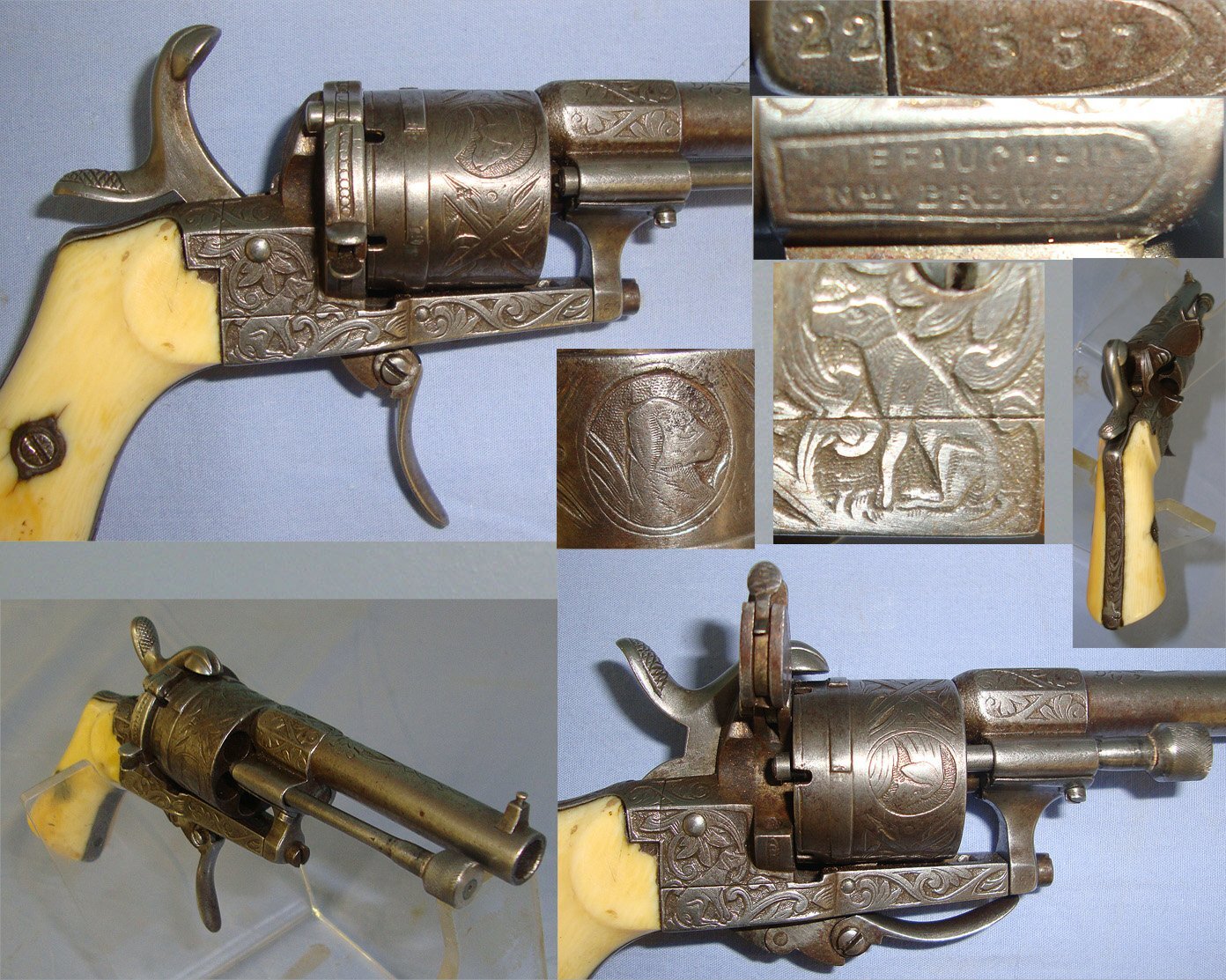 C1865 Belgium Lefaucheux Patent 7mm Pin Fire Obsolete Calibre 6 Shot Double Action Revolver With Ornate Tooled Decoration, Folding Trigger & Polished Bone Grips. Sn 17902 pin fire revolver 7mm Revolver