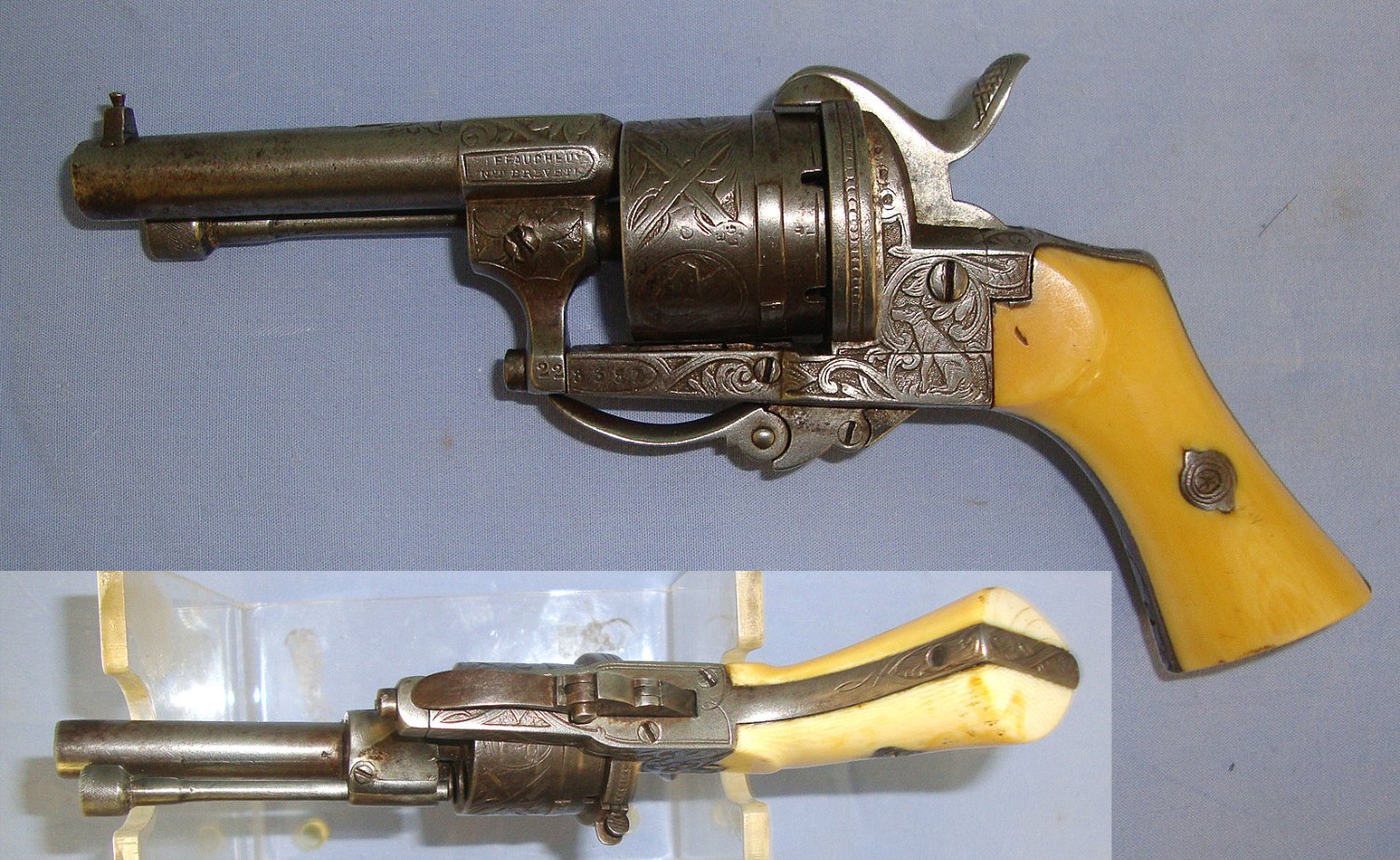  C1865 Belgium Lefaucheux Patent 7mm Pin Fire Obsolete Calibre 6 Shot Double Action Revolver With Ornate Tooled Decoration, Folding Trigger & Polished Bone Grips. Sn 17902 pin fire revolver 7mm Revolver