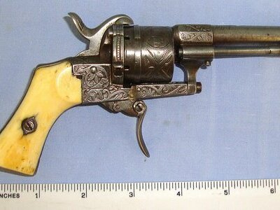 C1865 Belgium Lefaucheux Patent 7mm Pin Fire Obsolete Calibre 6 Shot Double Action Revolver With Ornate Tooled Decoration, Folding Trigger & Polished Bone Grips. Sn 17902 pin fire revolver 7mm Revolver
