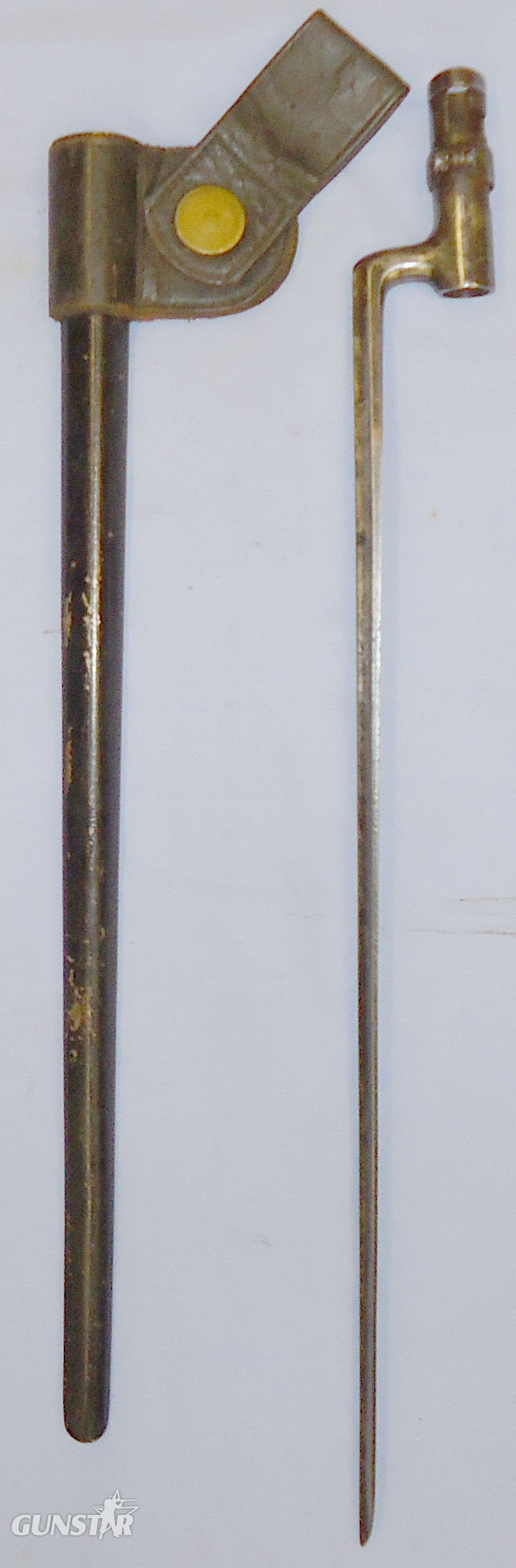 Socket Bayonet Model 1873 for the Springfield Trapdoor Rifle with McKenneys  PAT Jan 12 1886 Stamped Scabbard and Frog. BAYO 431. Bayonet in 