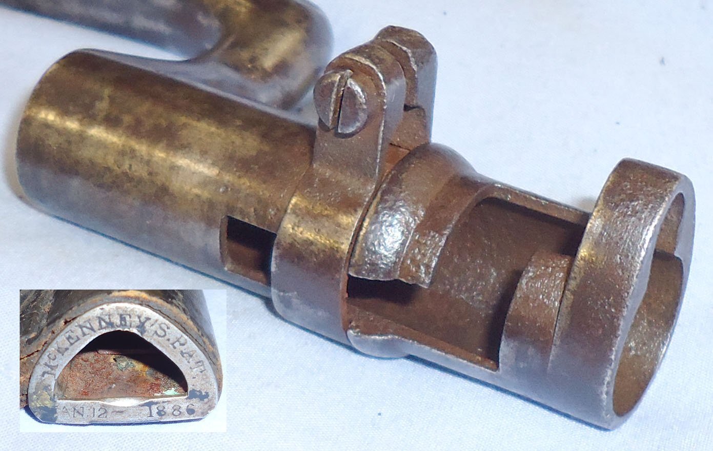 Socket Bayonet Model 1873 for the Springfield Trapdoor Rifle with McKenneys  PAT Jan 12 1886 Stamped Scabbard and Frog. BAYO 431. Bayonet