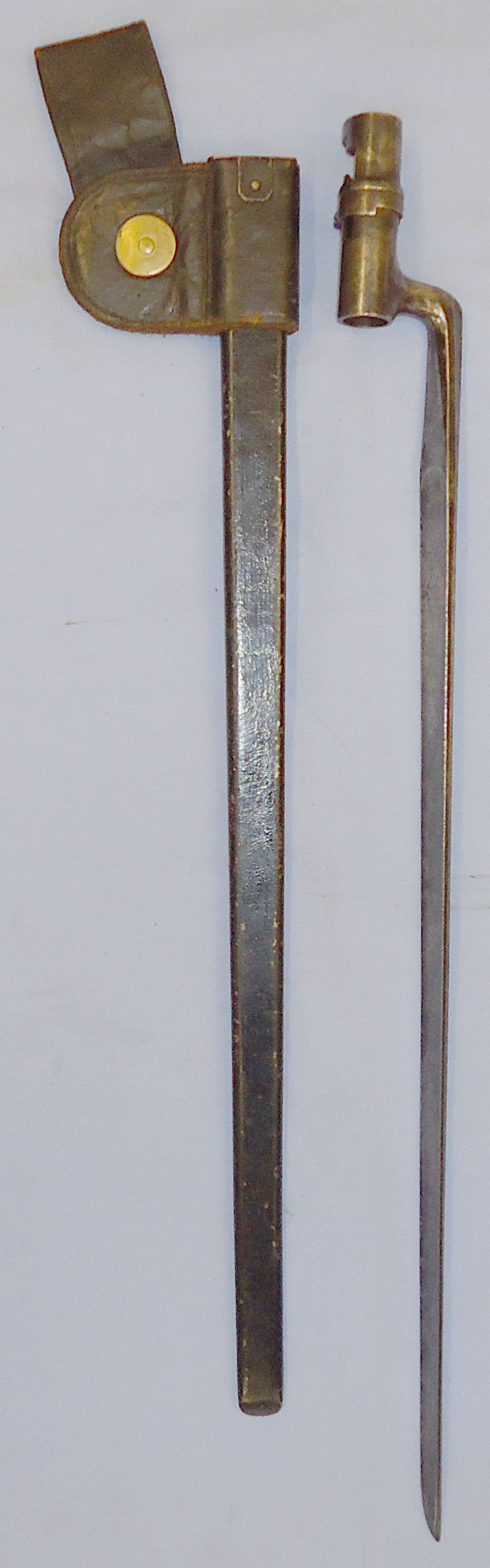  Socket Bayonet Model 1873 for the Springfield Trapdoor Rifle with McKenneys  PAT Jan 12 1886 Stamped Scabbard and Frog. BAYO 431. Bayonet