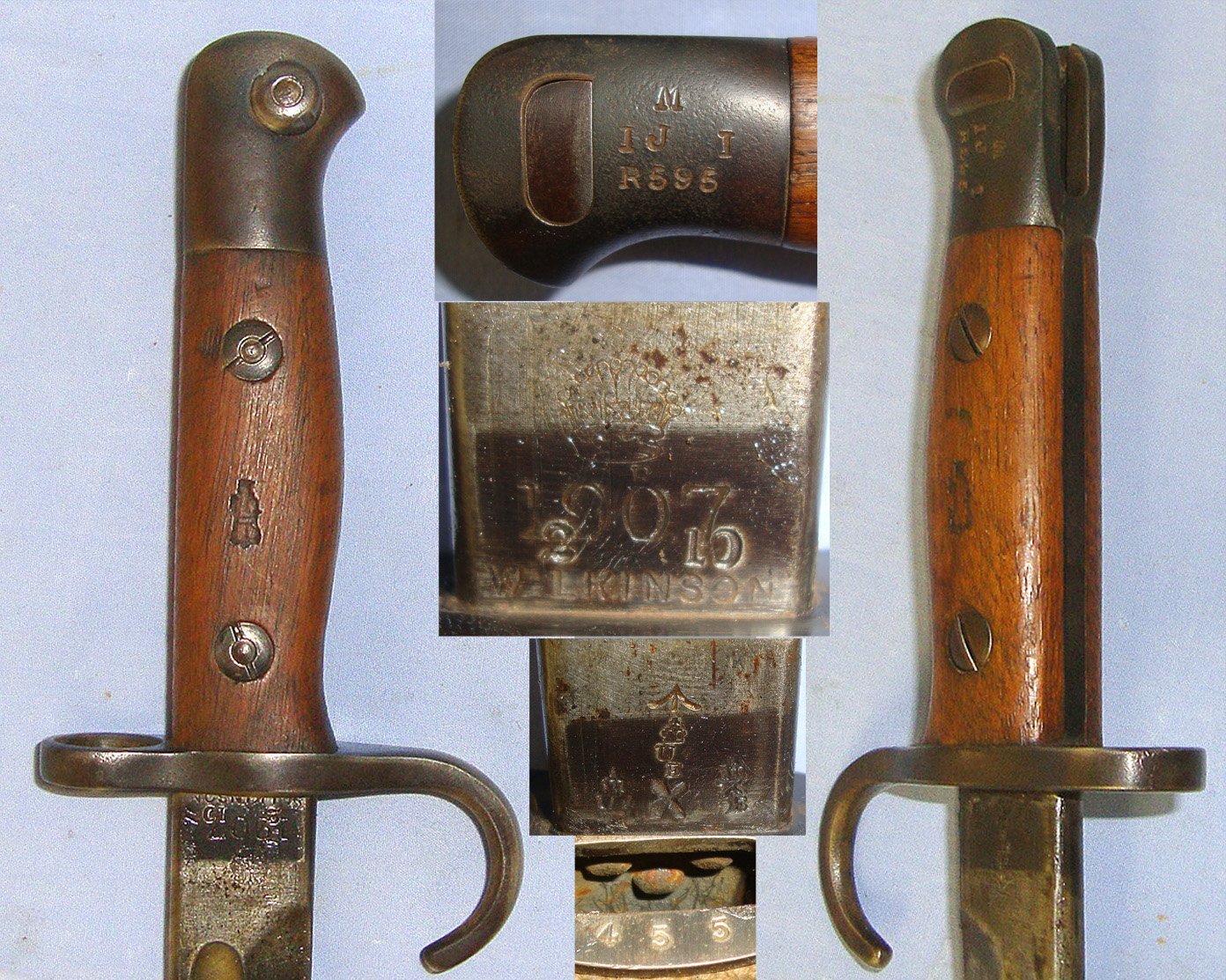 RARE*NEAR MINT*WW1 British Wilkinson 1910 Dated 1st Pattern Hook Quillon P1907 Bayonet With Unknown Regiment Marks ‘M IJI R595’, WD 1910 Scabbard & WD Mills Equipment Company 1908 Pattern Webbing Frog With Helve Carrier Strap. Sn 23731 Bayonet