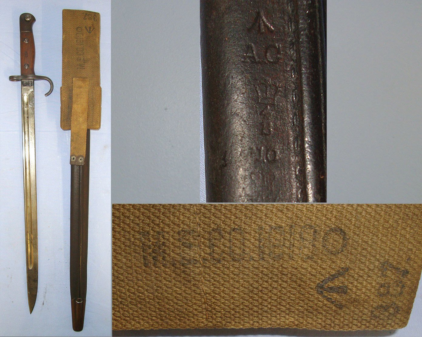  RARE*NEAR MINT*WW1 British Wilkinson 1910 Dated 1st Pattern Hook Quillon P1907 Bayonet With Unknown Regiment Marks ‘M IJI R595’, WD 1910 Scabbard & WD Mills Equipment Company 1908 Pattern Webbing Frog With Helve Carrier Strap. Sn 23731 Bayonet