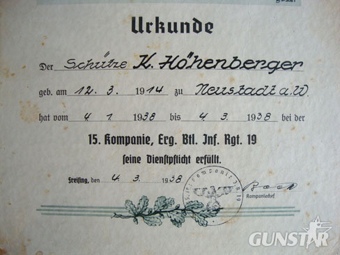 German WW2 Signed Certificate Of Training, To Rifleman K. Hohenberger, Dated 193 Original Researchable German WW2 Signed Certificate Of Training, To Rifleman K.  Other Accessory