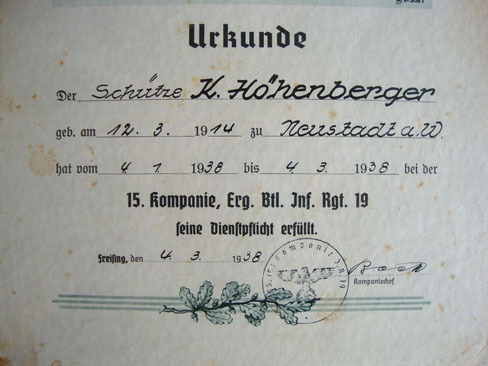 German WW2 Signed Certificate Of Training, To Rifleman K. Hohenberger, Dated 193 Original Researchable German WW2 Signed Certificate Of Training, To Rifleman K.  Other Accessory