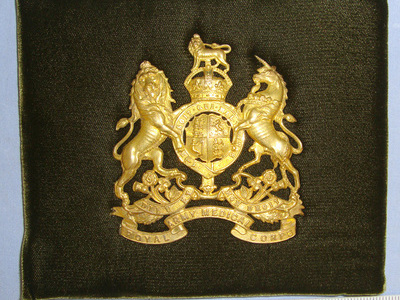 C1910 British Royal Army Medical Corps (RAMC) Officer’s Gilt King’s Crown Helmet Plate Card Mounted For Display  Antique & Militaria