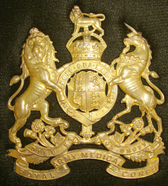 C1910 British Royal Army Medical Corps (RAMC) Officer’s Gilt King’s Crown Helmet Plate Card Mounted For Display  Antique & Militaria