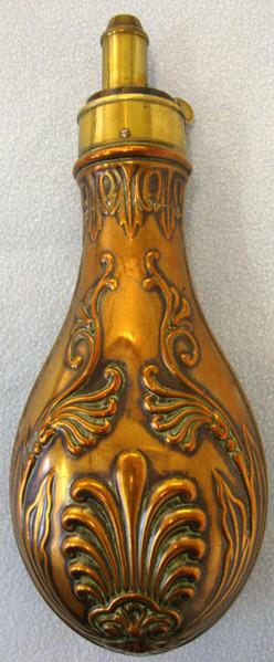 John Dickson & Son Victorian 19th Century Copper and Brass 'Foliage' Powder Flask by Dixon & Sons Antique & Militaria