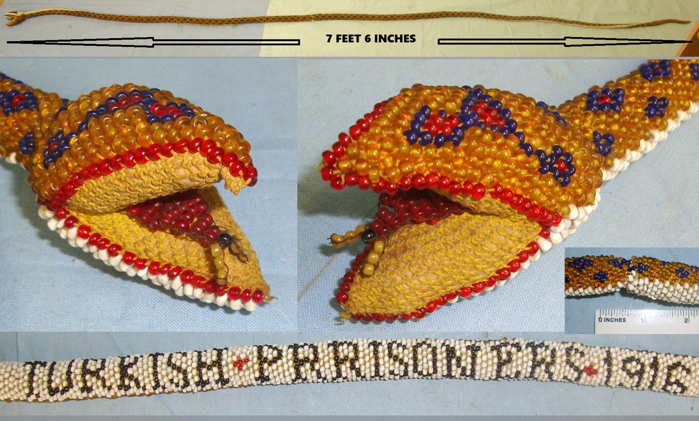 LARGE**WW1 1916 Turkish / Ottoman Empire Prisoner Of War Hand Made Beaded Snake With Beaded Script ‘Turkish Prisoners 1916’. Sn 22441:11  Antique & Militaria