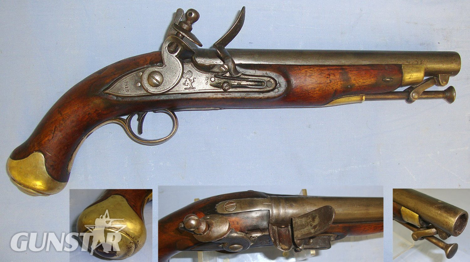 NAPOLEONIC WARS ERA, 1813 Dated East India Company & British Board Of Ordnance Marked .650 Carbine Calibre Flintlock Light Dragoon Pistol With Regulation Brass Fittings & Captive Steel Ram Rod. Sn 23484:36 flintlock .65 Cal Muzzleloader Muzzleloader in 