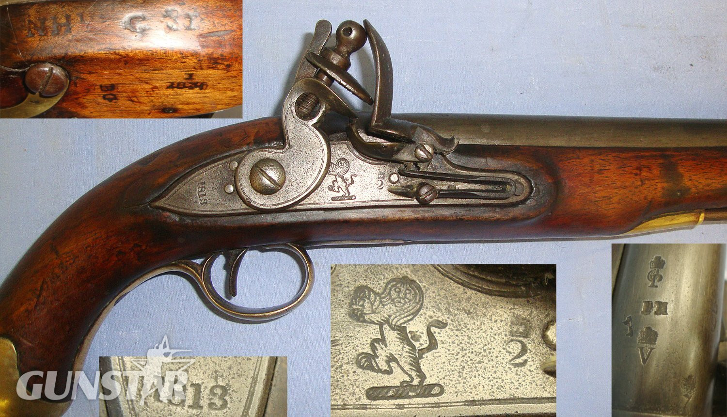 NAPOLEONIC WARS ERA, 1813 Dated East India Company & British Board Of Ordnance Marked .650 Carbine Calibre Flintlock Light Dragoon Pistol With Regulation Brass Fittings & Captive Steel Ram Rod. Sn 23484:36 flintlock .65 Cal Muzzleloader Muzzleloader