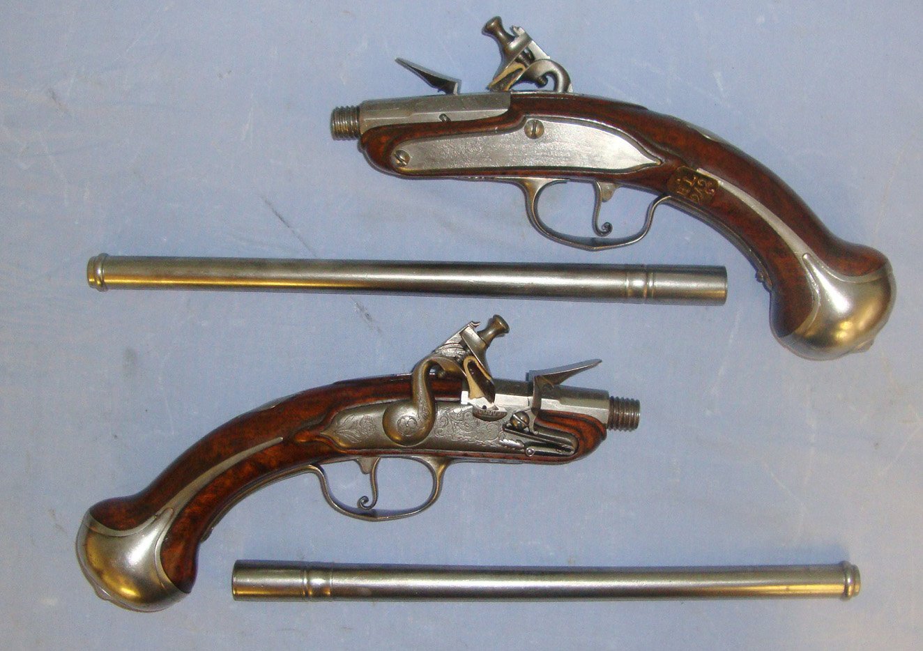  RARE**QUALITY**MINT 10 GROOVE RIFLED BORES** Circa 1660-1665 A Pair Of Early Dutch .500 Calibre Flintlock Turn Off Barrel Holster Pistols From The Armoury Collection Of The German Princely House of Hohenlohe-Langenburg / Schloss Langenburg. Sn 22059:1 flintlock .50 Cal Muzzleloader Muzzleloader