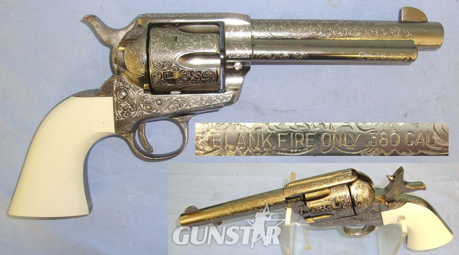 MINT**BLANK FIRING**ORNATE FACTORY NICKEL PLATED**Italian Pietta Colt Model 1873 Army Peacemaker .380 (9mm) Blank Calibre Single Action Six Shot Revolver. Sn 23484:83  blank firer - Blank Firing in 
