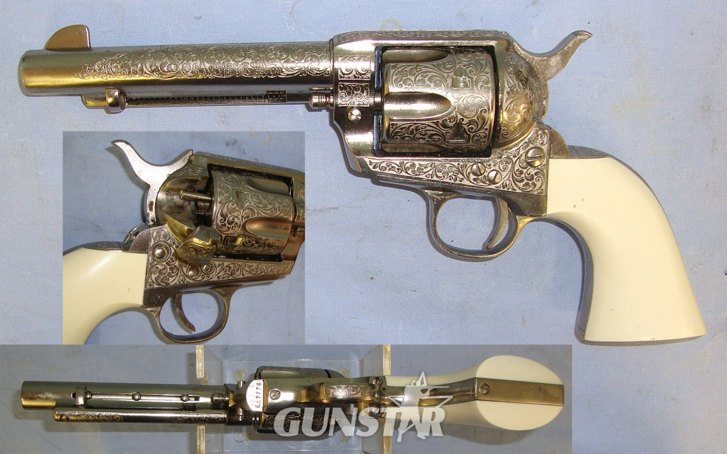  MINT**BLANK FIRING**ORNATE FACTORY NICKEL PLATED**Italian Pietta Colt Model 1873 Army Peacemaker .380 (9mm) Blank Calibre Single Action Six Shot Revolver. Sn 23484:83  blank firer - Blank Firing