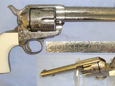 MINT**BLANK FIRING**ORNATE FACTORY NICKEL PLATED**Italian Pietta Colt Model 1873 Army Peacemaker .380 (9mm) Blank Calibre Single Action Six Shot Revolver. Sn 23848:83 blank firer - Blank Firing