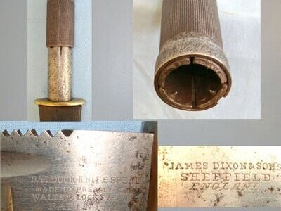 VERY RARE**FORERUNNER OF THE MODERN SURVIVAL KNIFE**Original, Colonel Baldock 1902 Patent All Steel Construction Survival ‘Knife Spear’ By James Dixon & Sons Sheffield For Walter Locke & Co London With Original Scabbard. Sn 16422 Knive