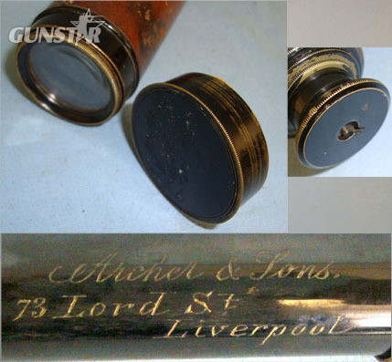  Archer & Sons, 73 Lord Street, Liverpool 4 Draw Leather Bound Brass Telescope With Brass Lens Cap & Sliding Eye Piece Shu Sight & Optic