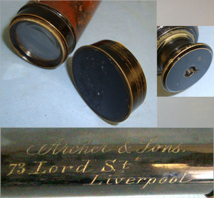  Archer & Sons, 73 Lord Street, Liverpool 4 Draw Leather Bound Brass Telescope With Brass Lens Cap & Sliding Eye Piece Shu Sight & Optic