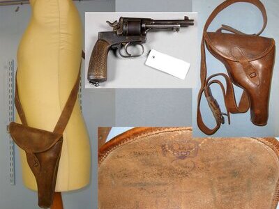 RARE**WW1 Era Leather Holster For Medium Frame Austro Hungarian M1898 Rast Gasser 4 ½” Barrel 8mm Calibre Military Revolvers With Faint Date & Maker Marks & Shoulder Strap. L 266 Care & Storage