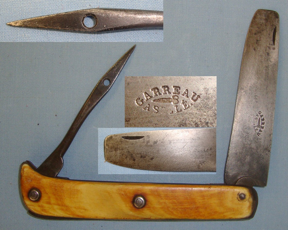 WW1 Era French Navy Garreau Astele ‘Scissors’ Trademark’ Sailor’s Utility Folding Clasp Deck Knife With Square Tip Blade & Sail Stitching Needle / Spike. Sn 21598 Knive