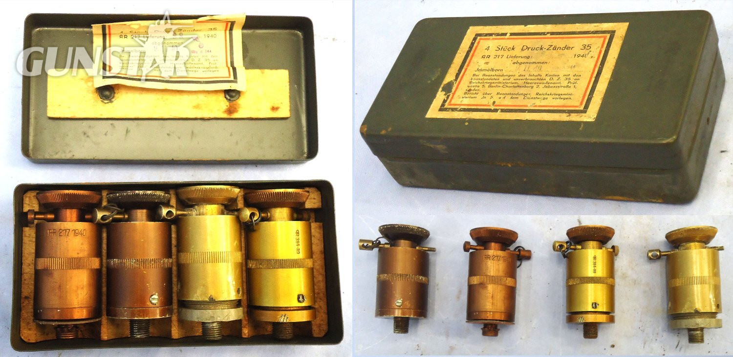 INERT DEACTIVATED. Gaman WW2 Transit Box of 4 Druck Zunder 35 Landmine & S Mine Fuzes. O 2409 INERT DEACTIVATED. Gaman WW2 Transit Box of 4 Druck Zunder 35 Landmine & S Mine Fuzes. O 2409 Various Other Ammunition in 