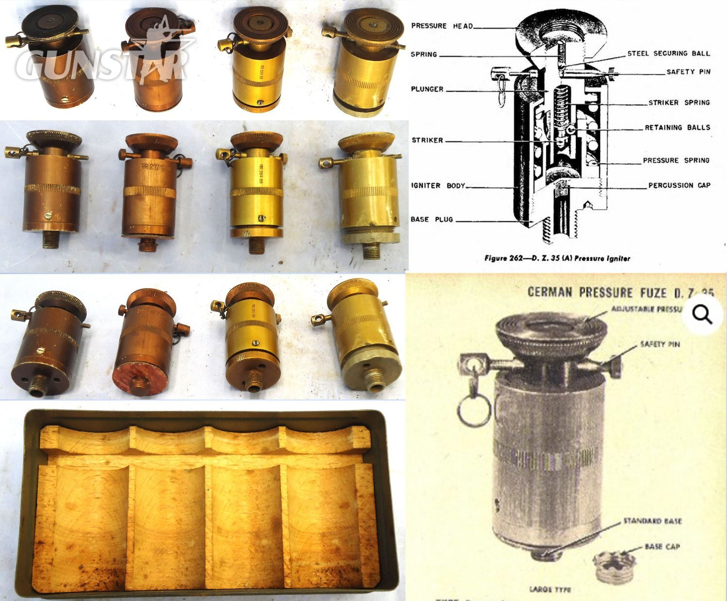 INERT DEACTIVATED. Gaman WW2 Transit Box of 4 Druck Zunder 35 Landmine & S Mine Fuzes. O 2409 INERT DEACTIVATED. Gaman WW2 Transit Box of 4 Druck Zunder 35 Landmine & S Mine Fuzes. O 2409 Various Other Ammunition