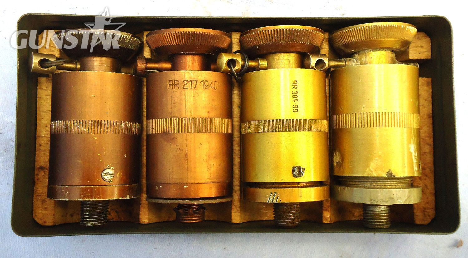 {CATEGORY} - INERT DEACTIVATED. Gaman WW2 Transit Box of 4 Druck Zunder 35 Landmine & S Mine Fuzes. O 2409 INERT DEACTIVATED. Gaman WW2 Transit Box of 4 Druck Zunder 35 Landmine & S Mine Fuzes. O 2409 Various Other Ammunition in 