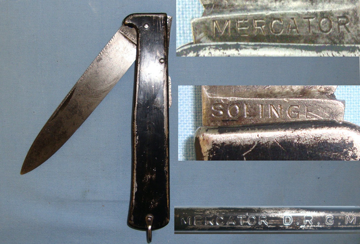 WW1 / WW2 Imperial German Army Mercator (Heinrich Kaufmann, Indiwerk, Solingen), DRGM Taschenmesser Trench Dagger / Utility Clasp Lock knife. Sn 21597 Knive